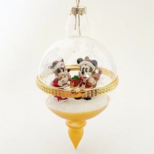 Disney Parks Christmas Ornament Mickey Minnie Gold Hand Painted Blown Glass New
